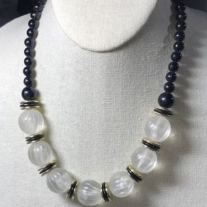 clear and black beaded necklace/ gold Ron dells/ silver tone lobster clasp